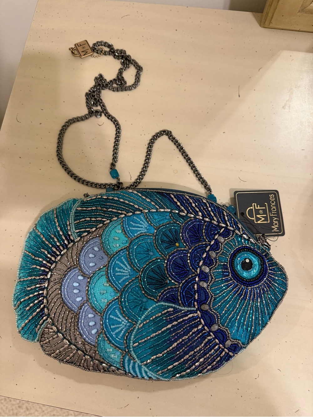 Mary Frances Blue Beaded Fish Crossbody Bag